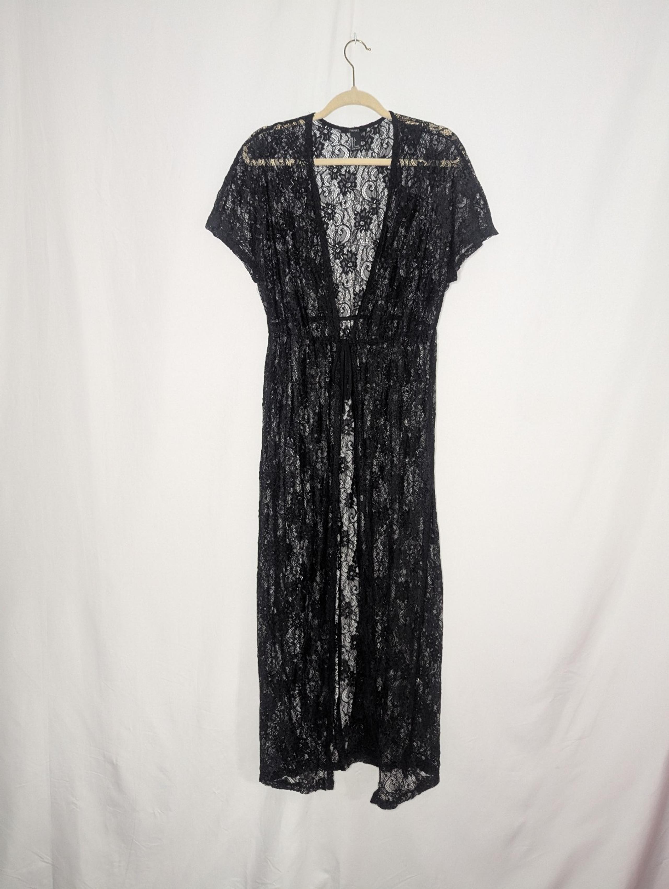 Forever 21 Women Black Goth Witchy Tie Waist Lace Maxi Robe Swim Coverup L