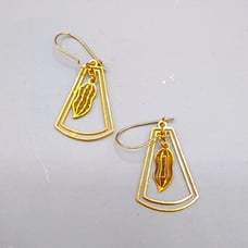 Geometric Gold Tone Dangle Drop Earrings with Peanut Charms Vintage