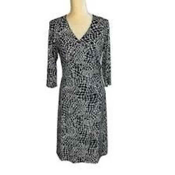 Talbots Women's 12 Faux Wrap Stretch Dress Black White Abstract Fitted Career