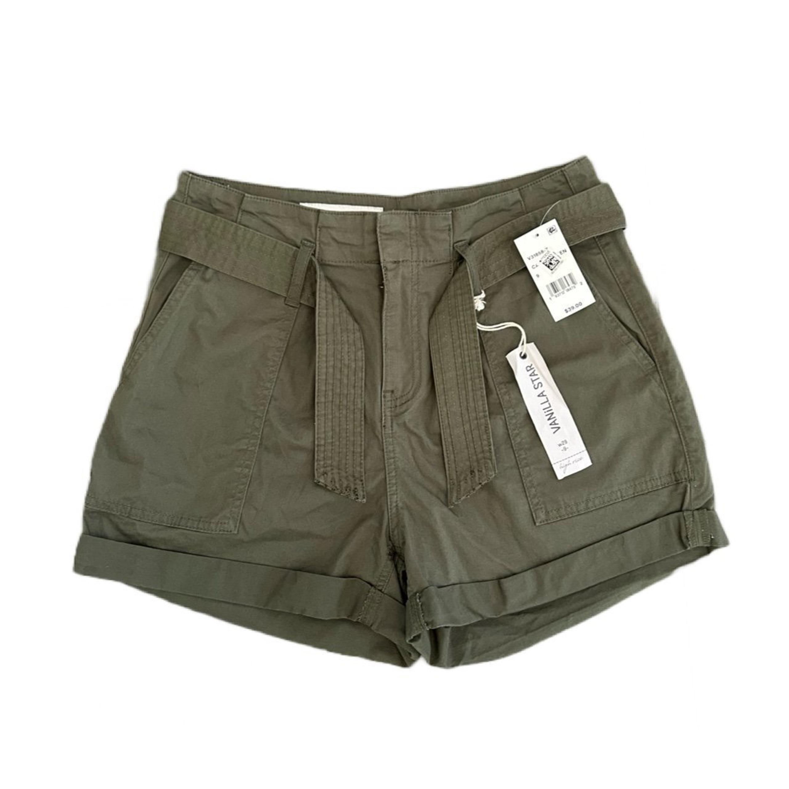Vanilla Star Olive Women’s High Rise Pleat Front Tie Waist Shorts Size 29/9