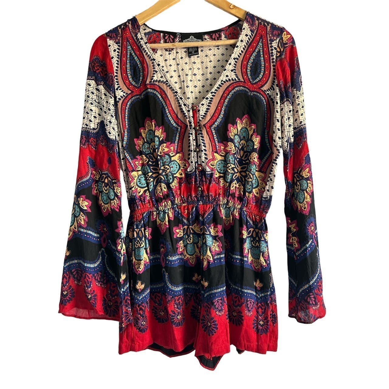 Angie Women’s Size Small Boho V Neck Bell Sleeve Paisley Jumpsuit Romper