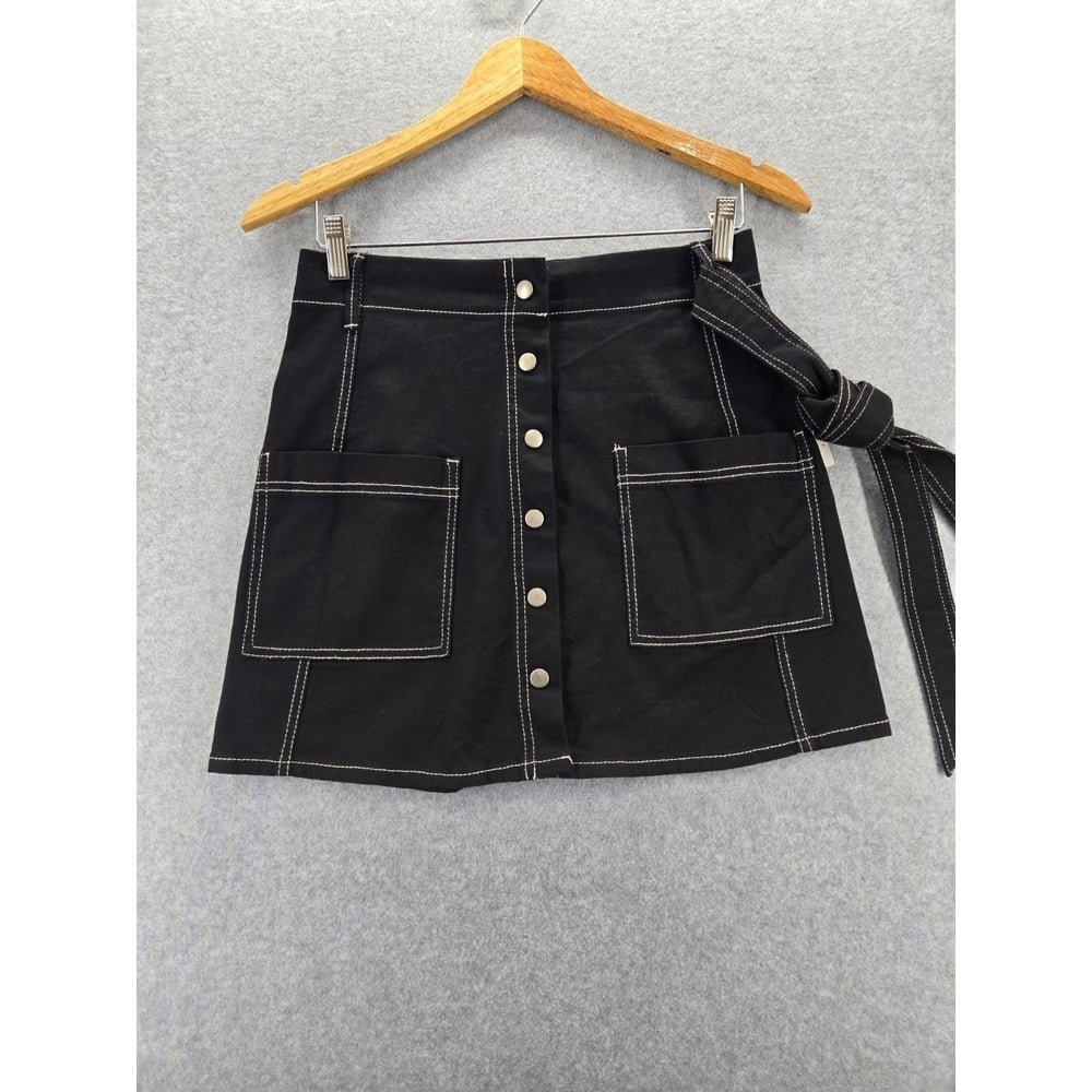 GB Black Jean Short Denim Skirt Pockets & Belt White Stitch Accents M Y2K NWT