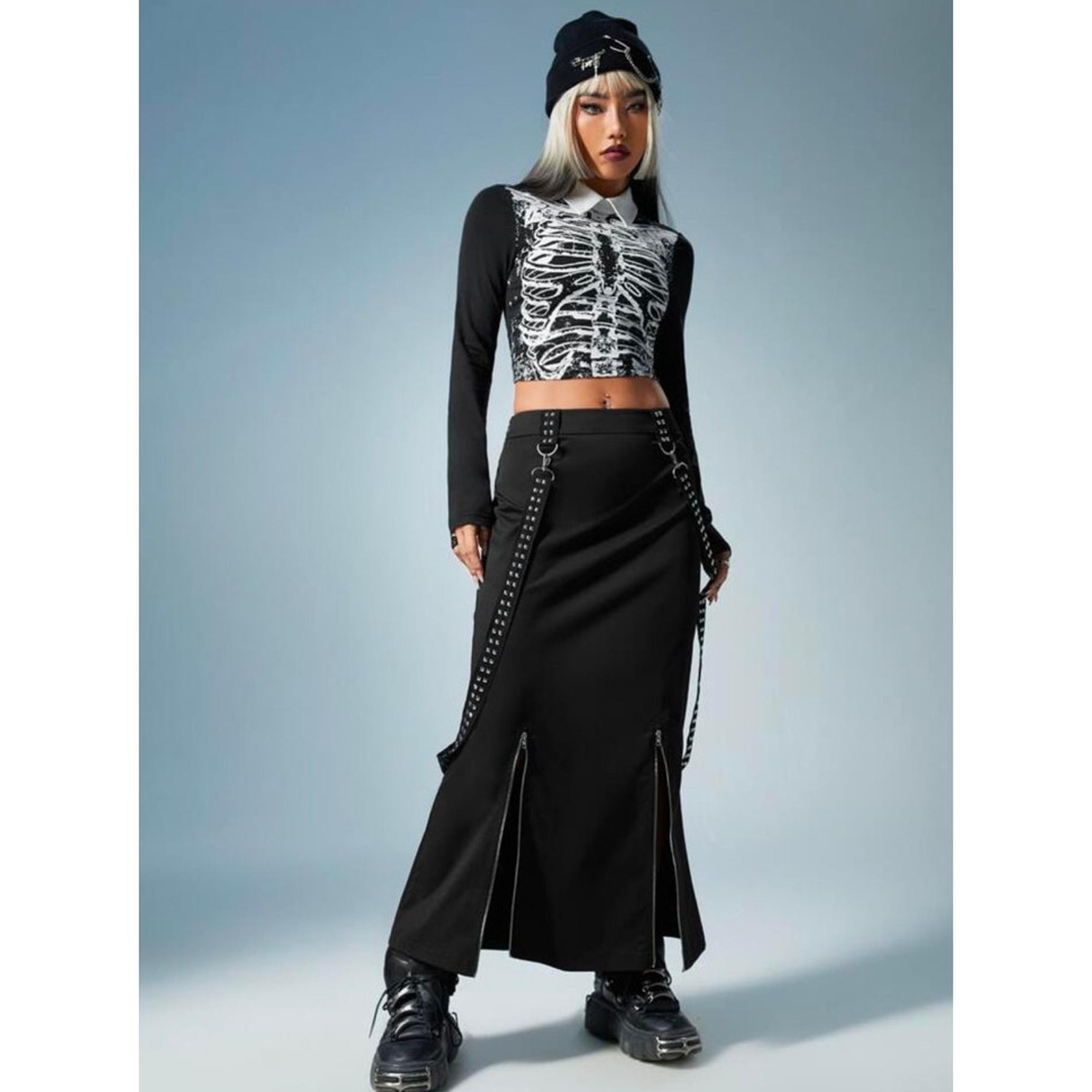 Shein Goth Long Skirt Zippers Straps Women's Size 4 Black Punk Studded Maxi