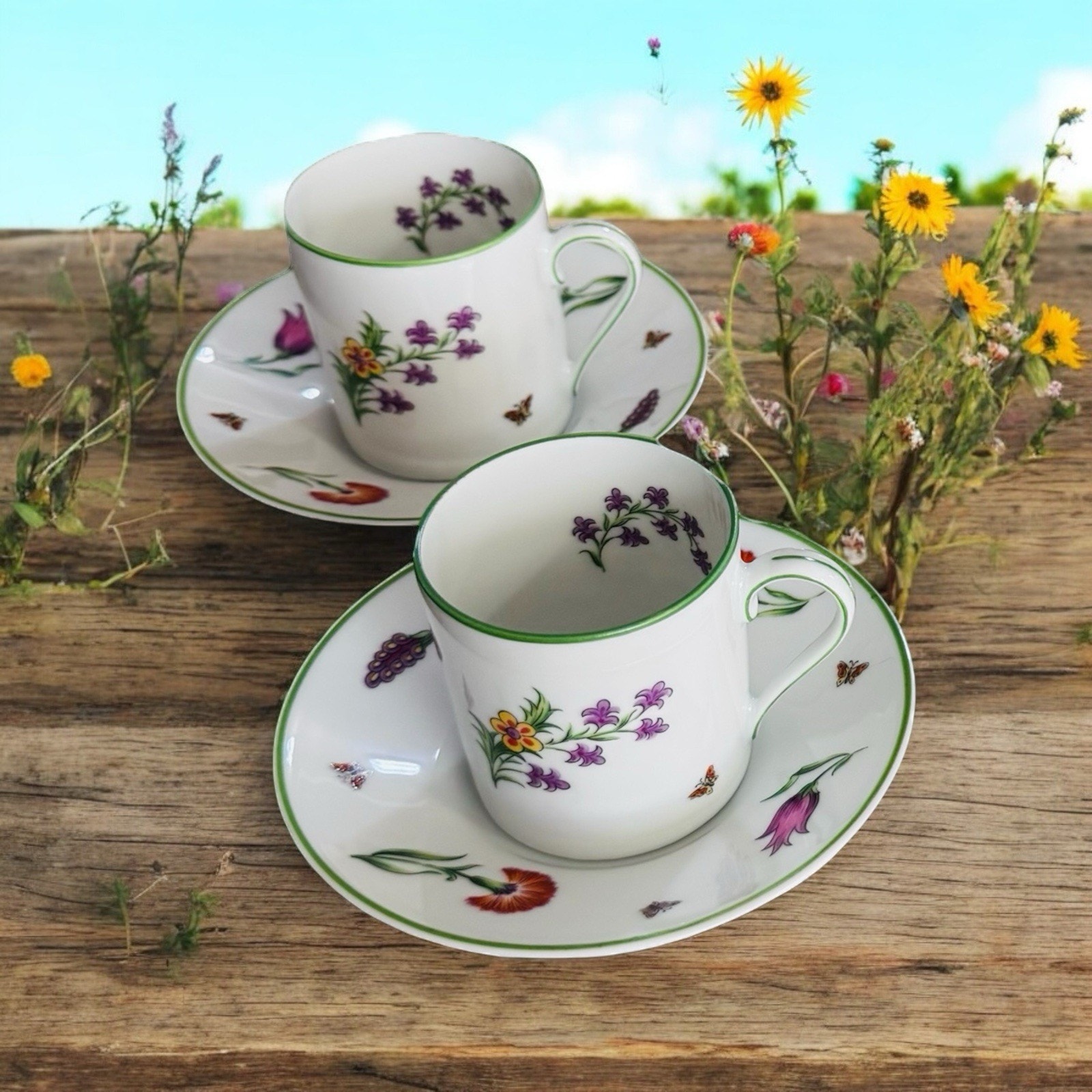 Vintage Tiffany & Co. Limoges Garden Floral Set Of 2 Demitasse Cup & Saucers