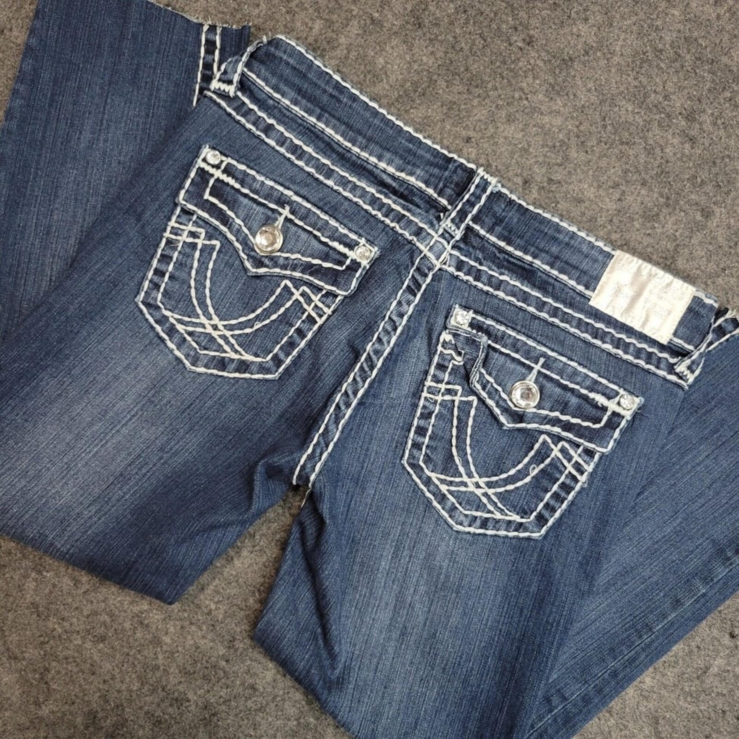 LA Idol Jeans Womens 9 Jeans Blue Rhinestone Bling Flap Pockets Raw Hems Stitch