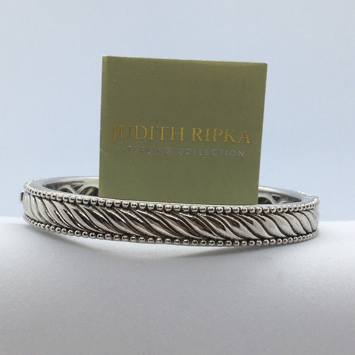 Judith Ripka 925 Sterling Silver 8mm Wide Hinged Cuff Bangle Bracelet