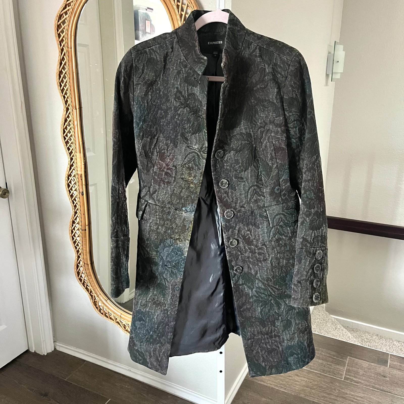 Express Dark Gray Floral Brocade Knee Length Jacket Pockets size 12