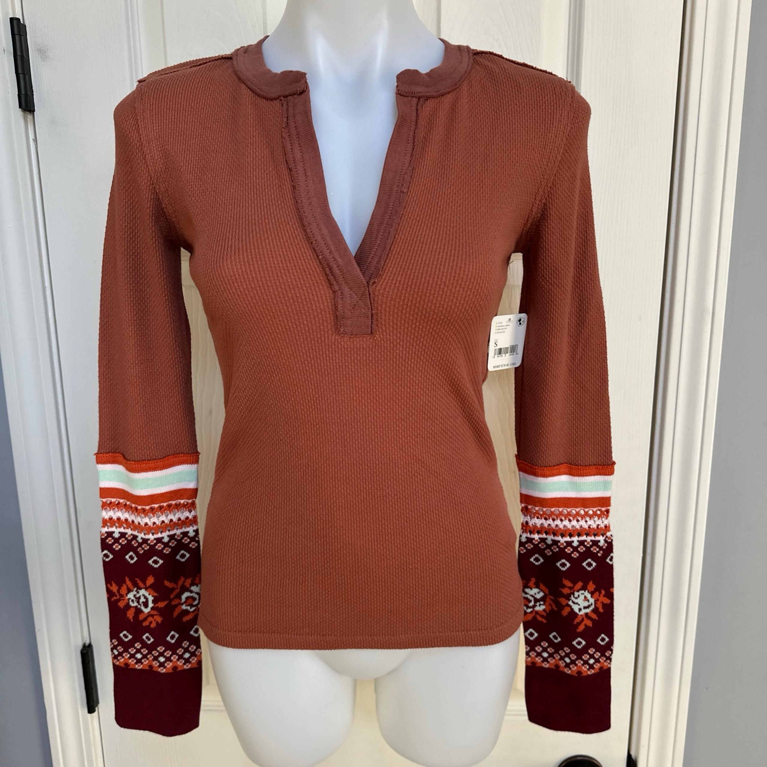 FREE PEOPLE Mikah Layering Cuff Autumn Combo Thermal Henley Shirt Size S $78 NWT