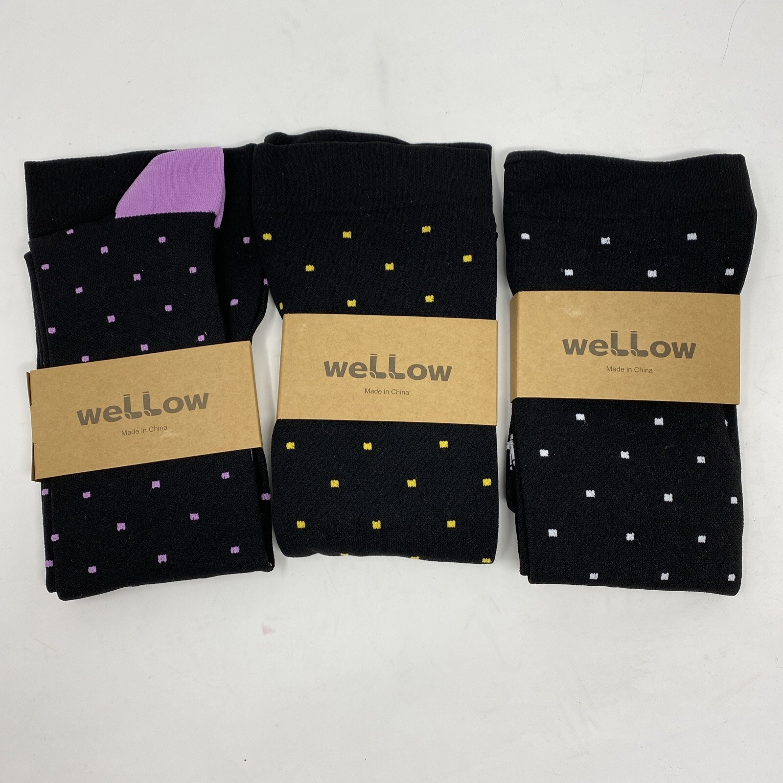 Lot of 3 Wellow Bamboo Compression Socks L XL Black Purple Polka Dot Knee Length