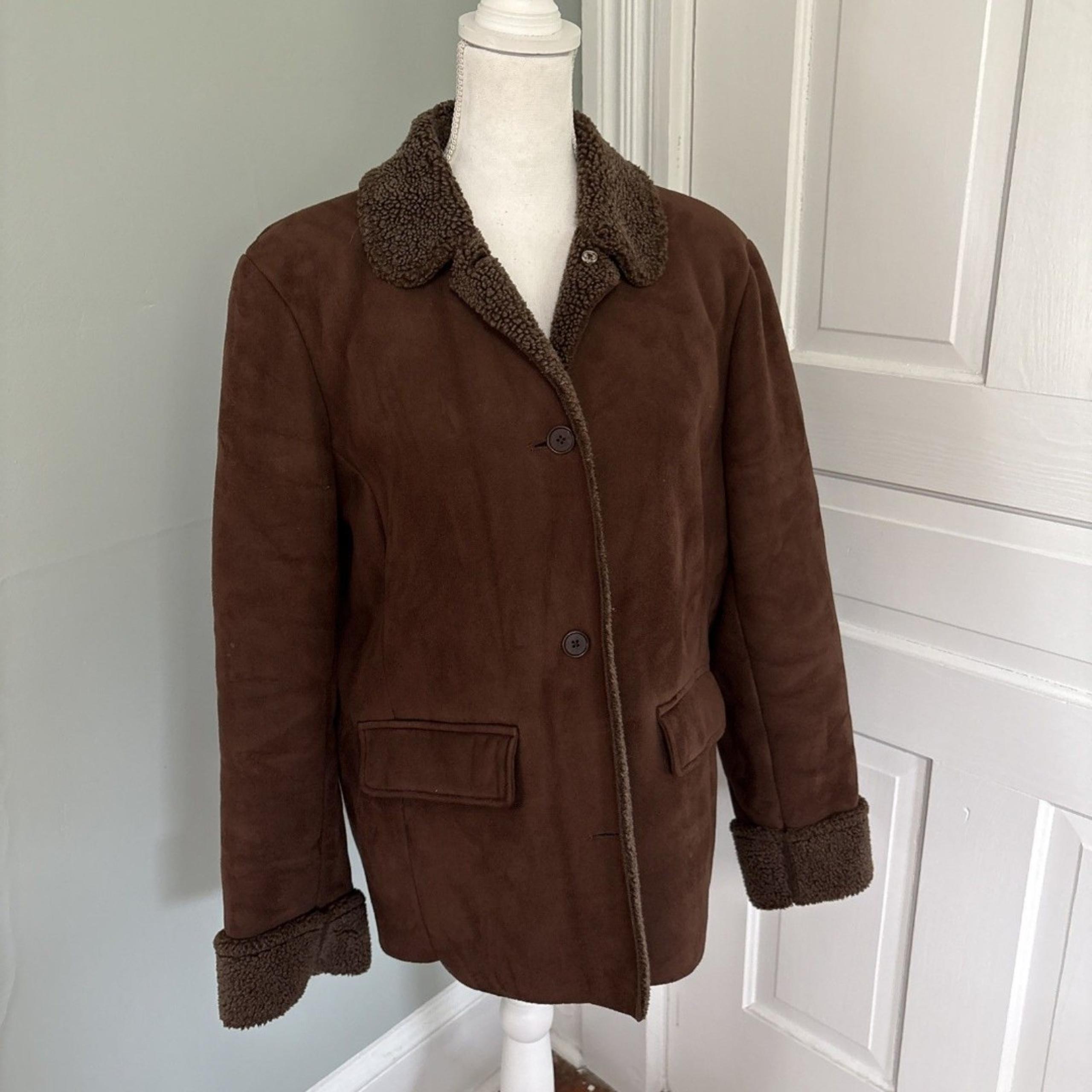 Lands' End Brown Suede-Like Shearling Soft Woman's Coat Jacket Large 14-16