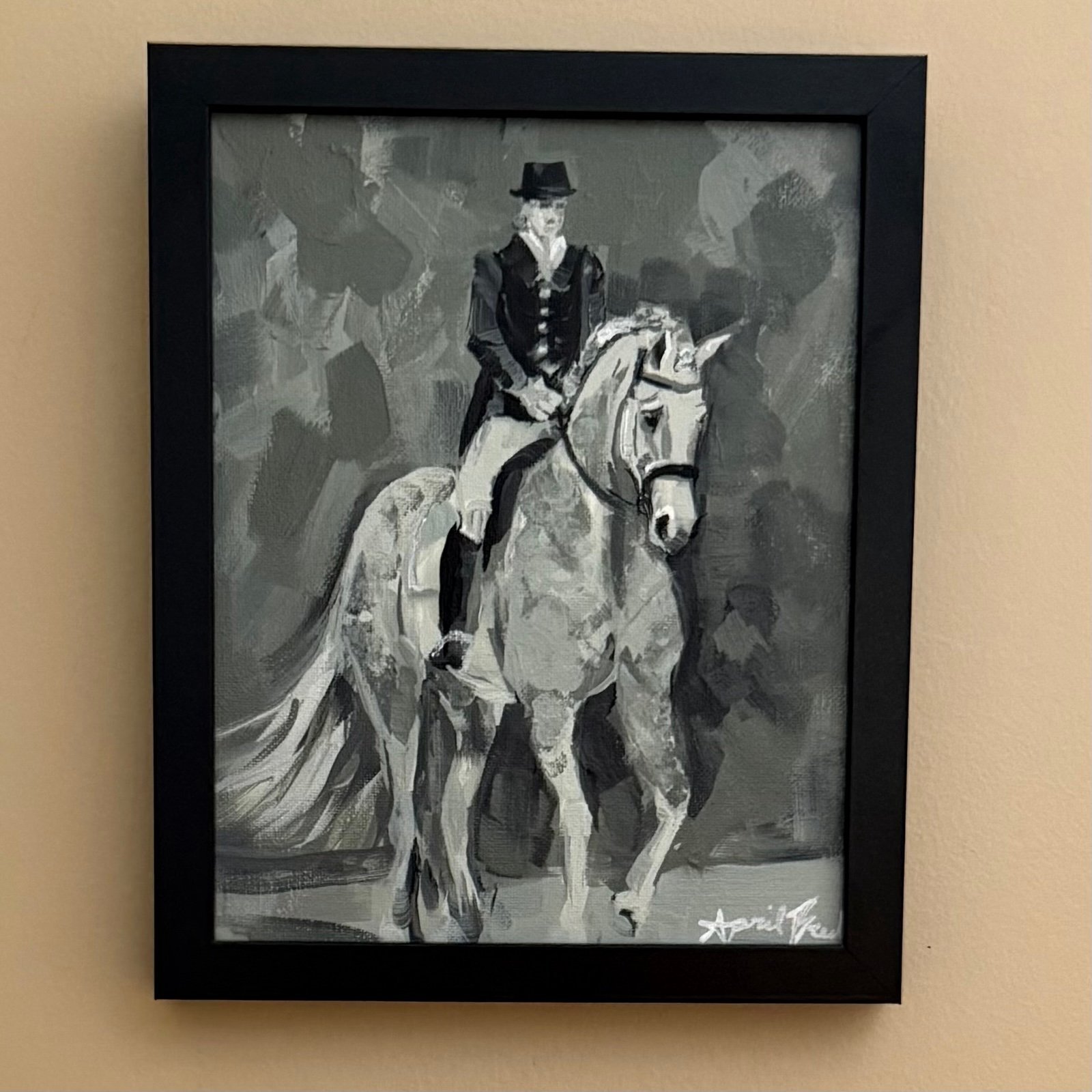 Original painting EQUESTRIAN dressage abstract IMPRESSION monochrome framed