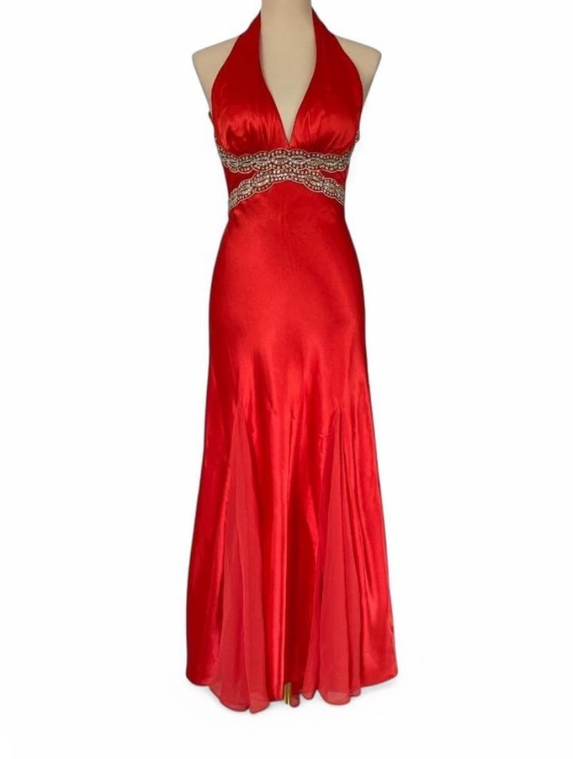 Red halter formal maxi gown, beaded, paneled SZ 2P