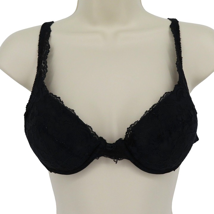 Vintage Victorias Secret 34B Black Lace Padded Underwire Bra Gold Label 1980s