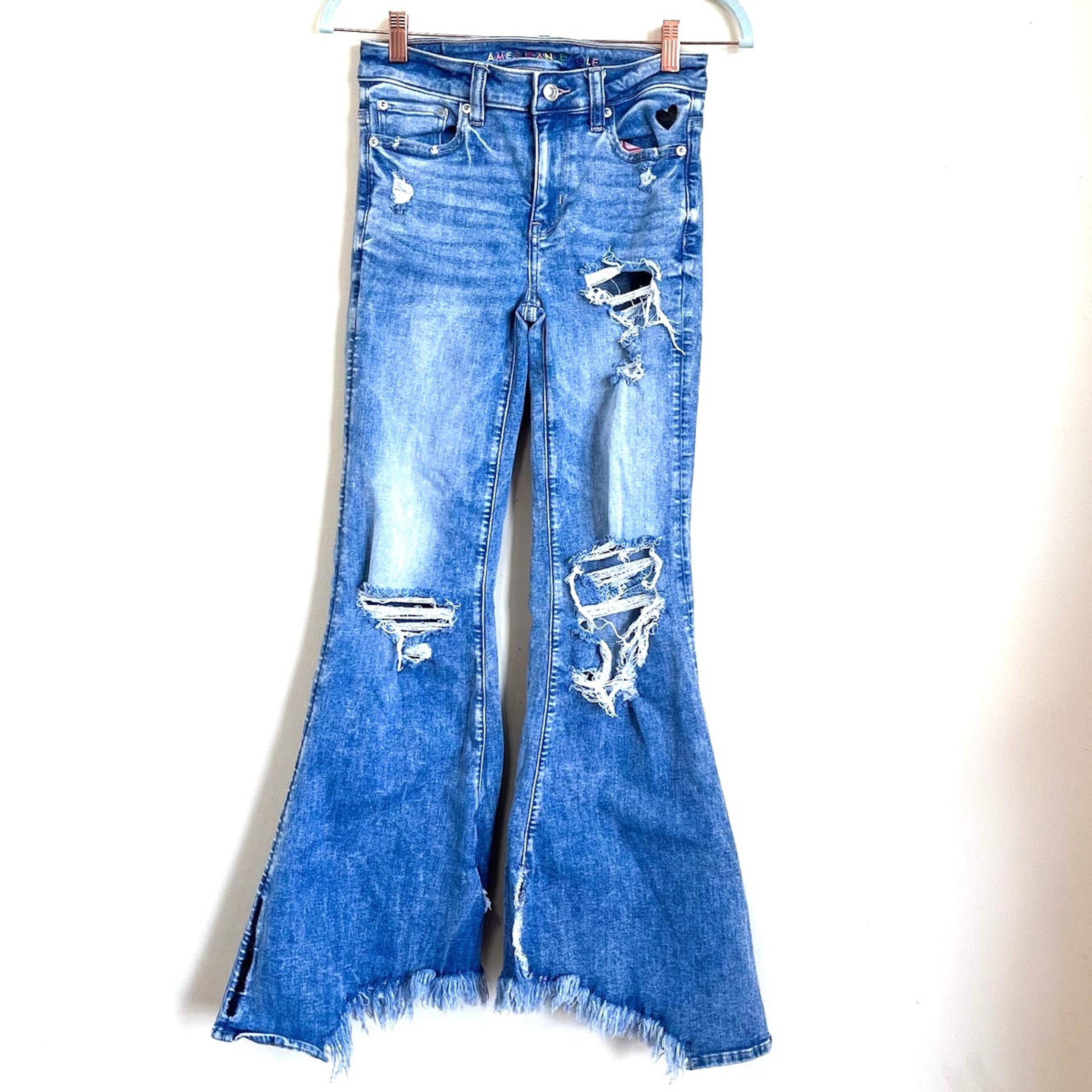 American Eagle Stretch Festival Flare Women Jeans Size 0 Blue Distressed Concert
