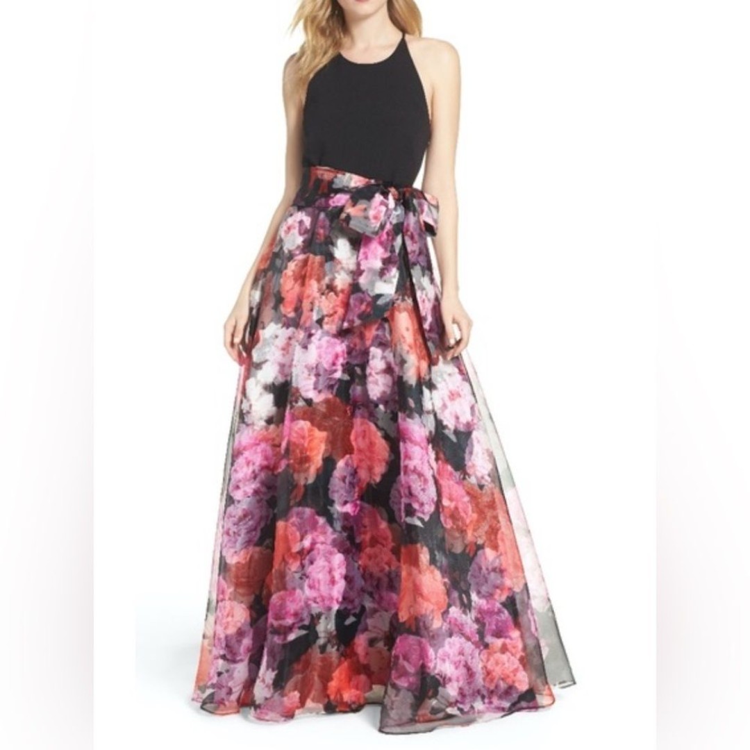 Eliza J Organza Floral Whimsical Fairy Maxi Dress Gown Black Halter Top Size 6