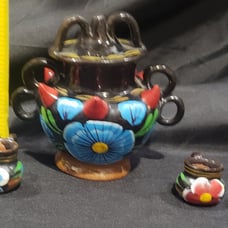 Mexican Redware Pottery Hand Painted Tea Pot Cups Vintage talavera