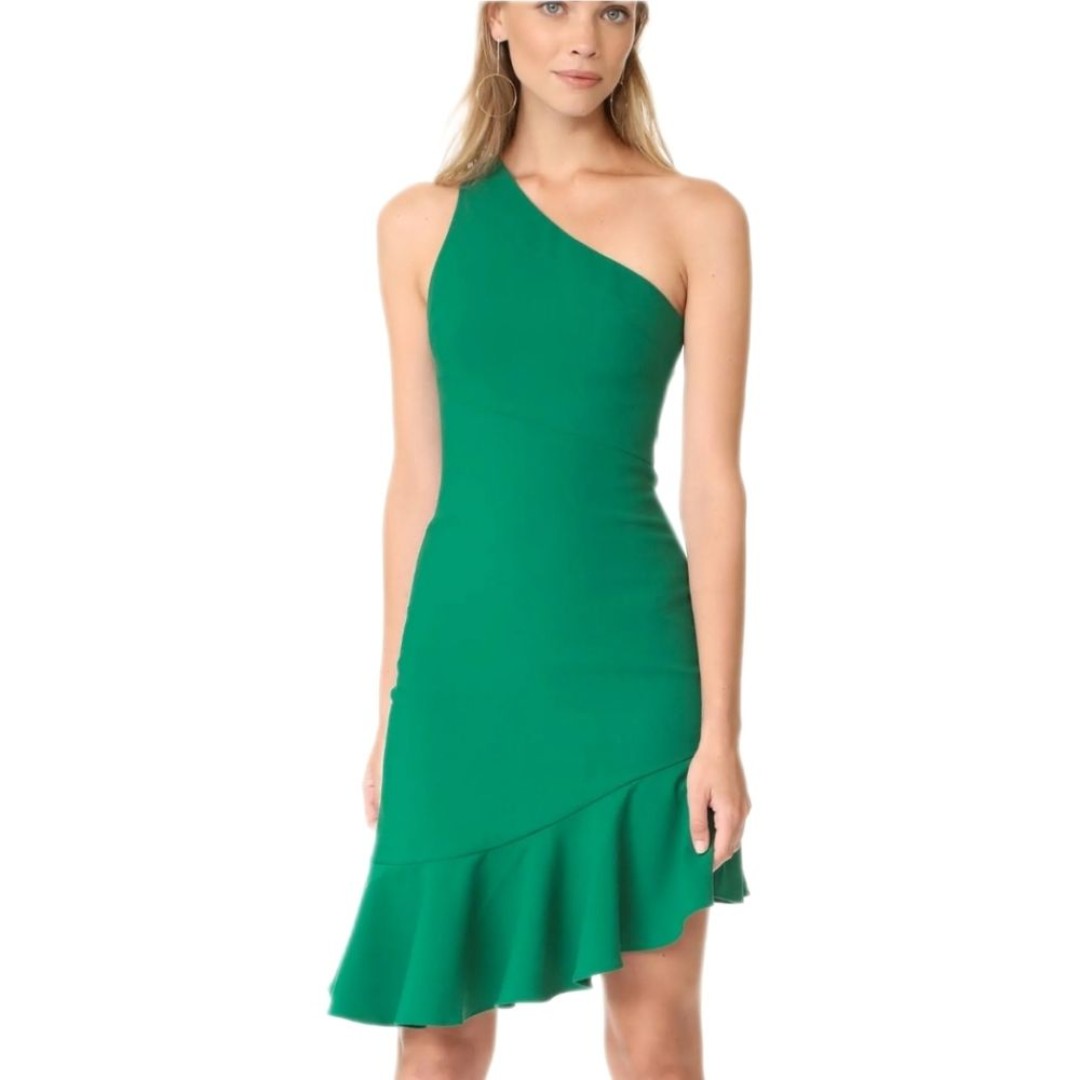 Cinq a Sept Stella Evergreen one shoulder asymmetrical ruffle dress. 6 NWT.