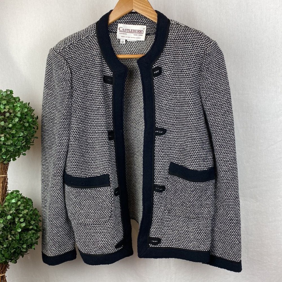 Castleberry Black & White Tweed Knit Open Front Vintage Cardigan Sweater 12