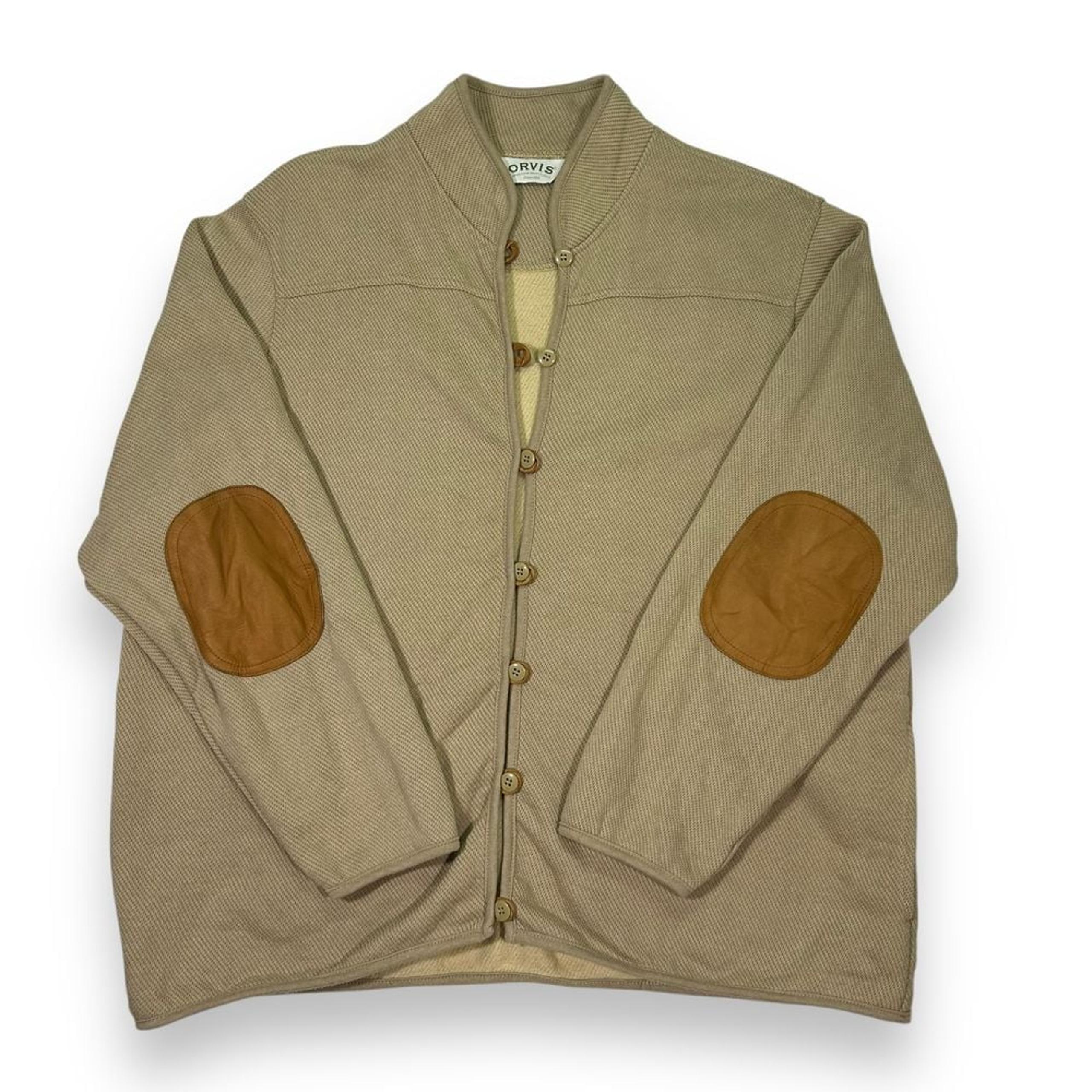 Orvis Cardigan Sweater With Elbow Patches Leather Details Womens XL Brown