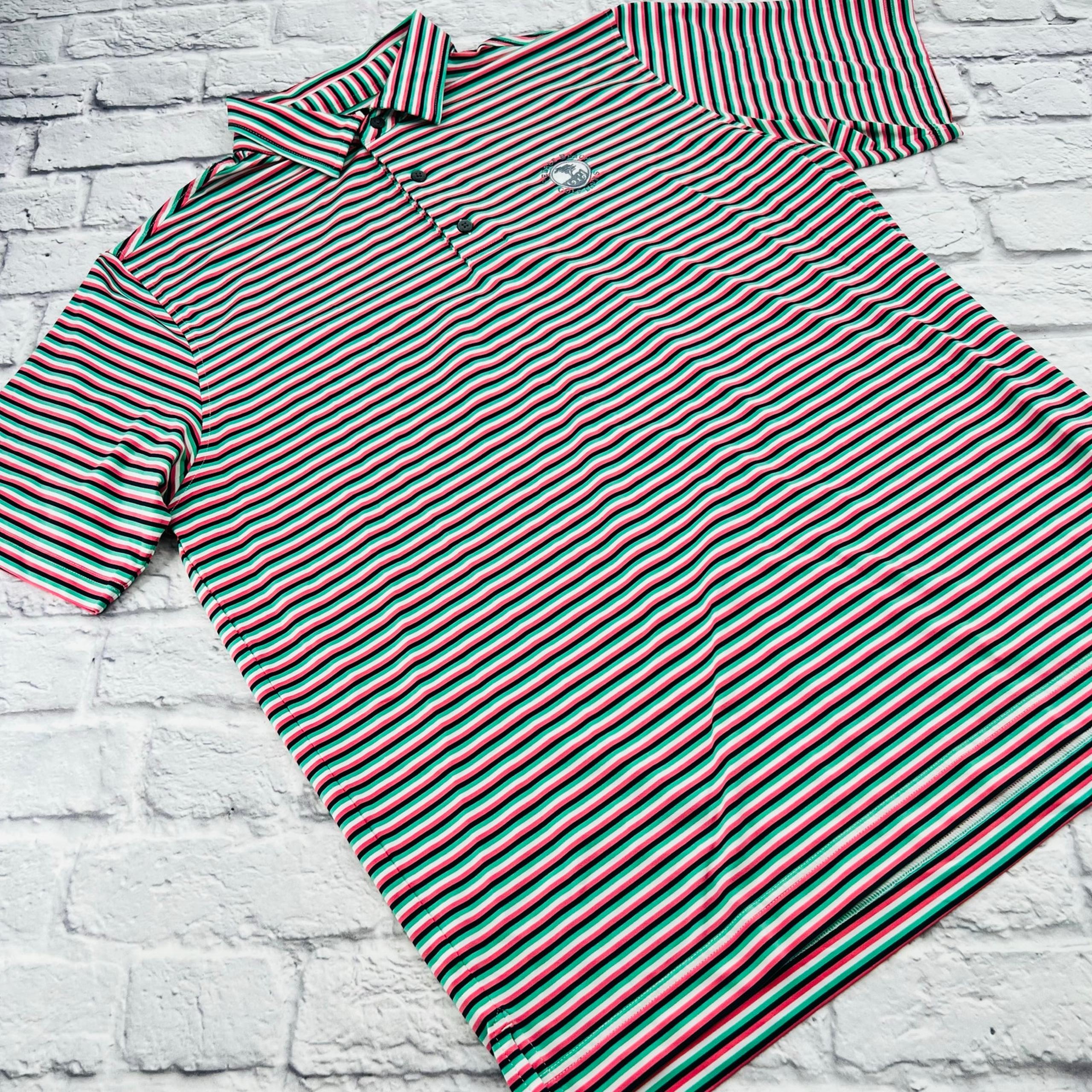 FOOTJOY Men's Pebble Beach Golf Performance Polo Shirt XL Pink/Green Stripes