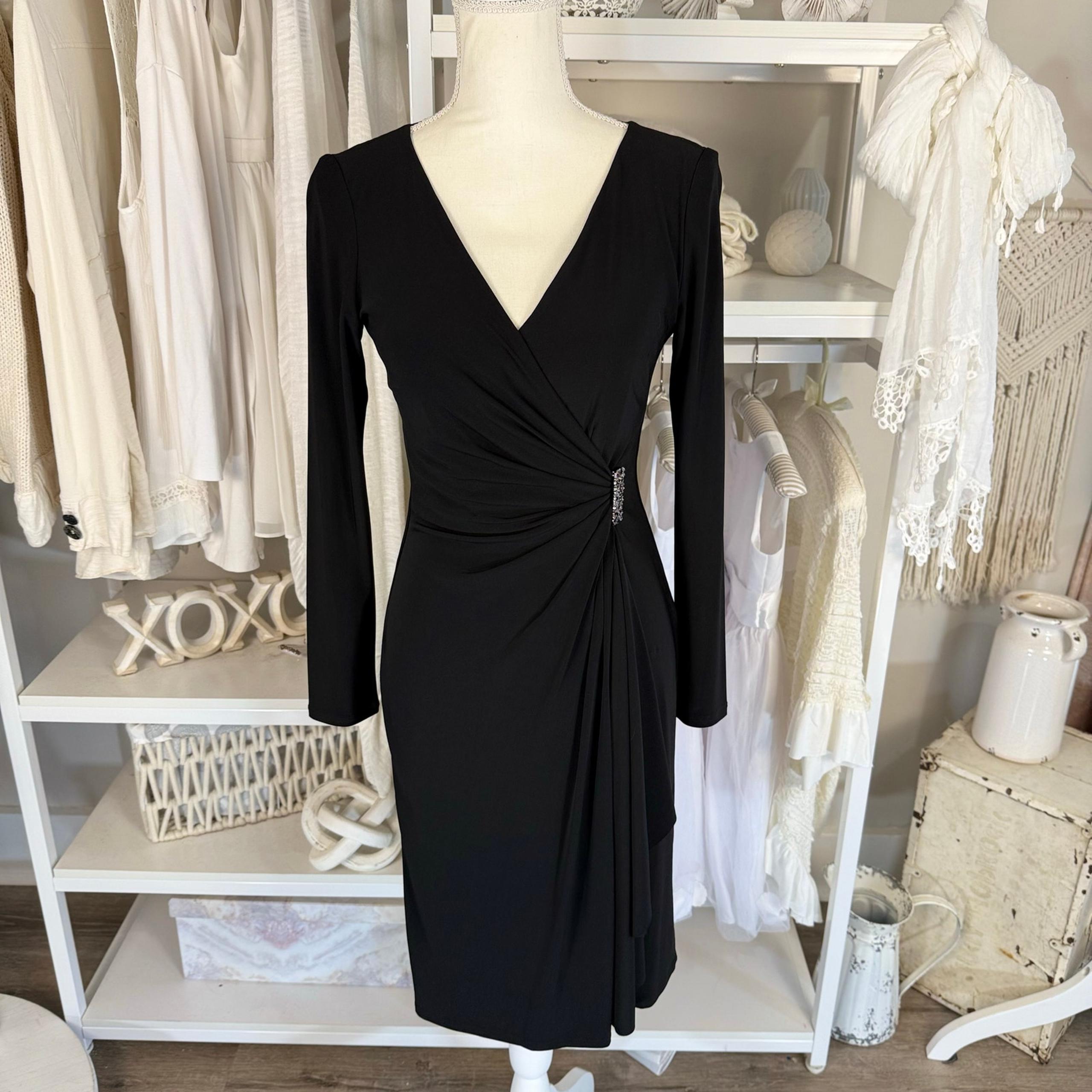 American Living Dresses Sz. 4 black faux wrap dress jeweled waist piece #4070
