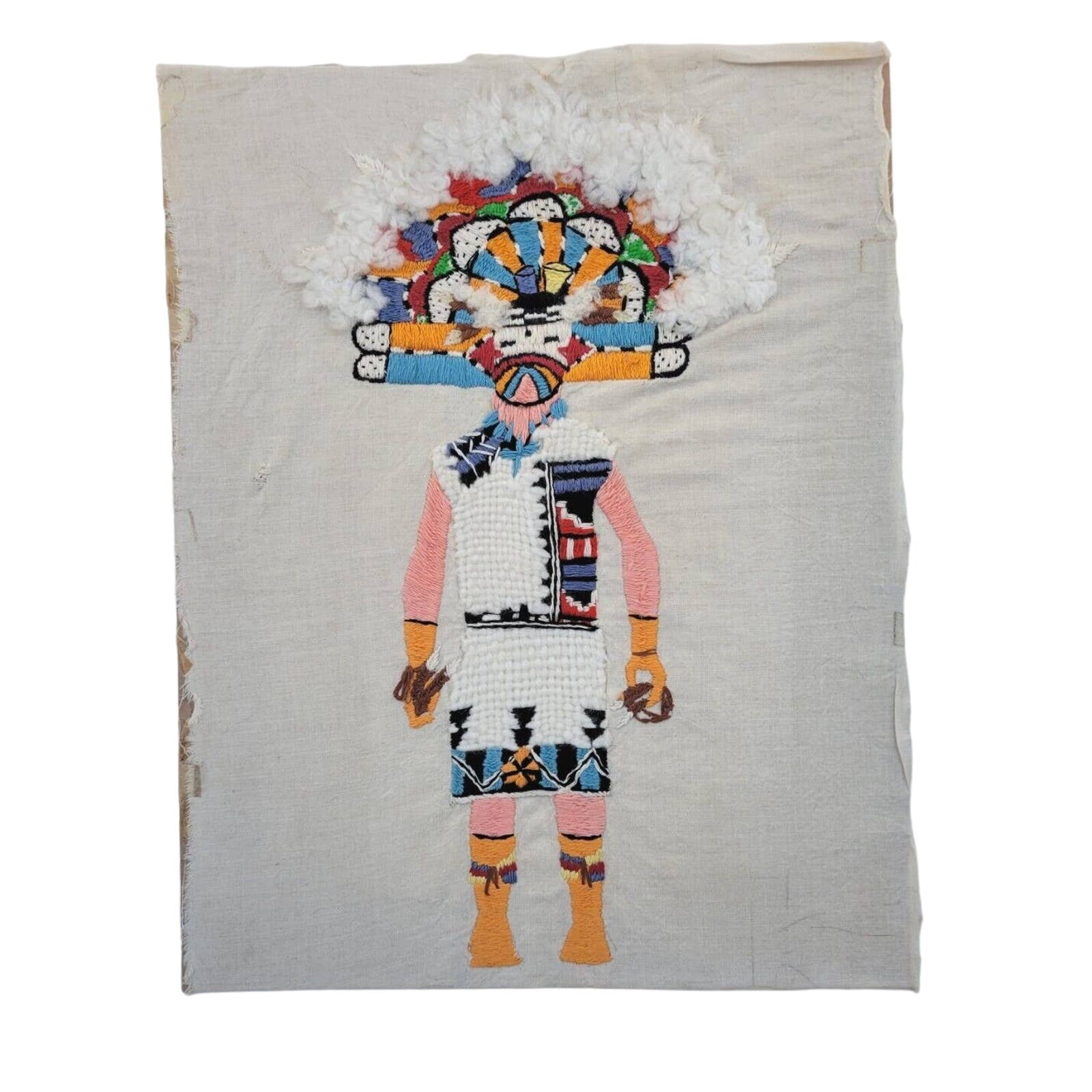Vintage 1970s Crewel Embroidered Kachina Completed Unframed