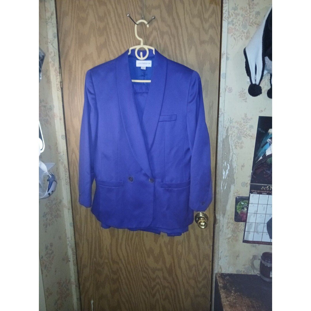 Liz Claiborne Collection Skirt Suit Women’s Size 12 Blue 100% Pure Wool Vintage