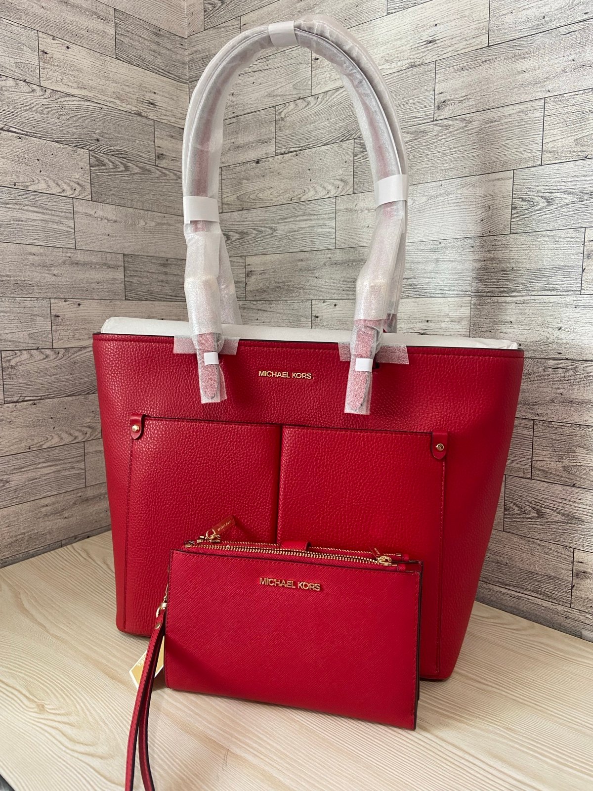 Michael Kors Bright Red Double Pocket Tote and wallet