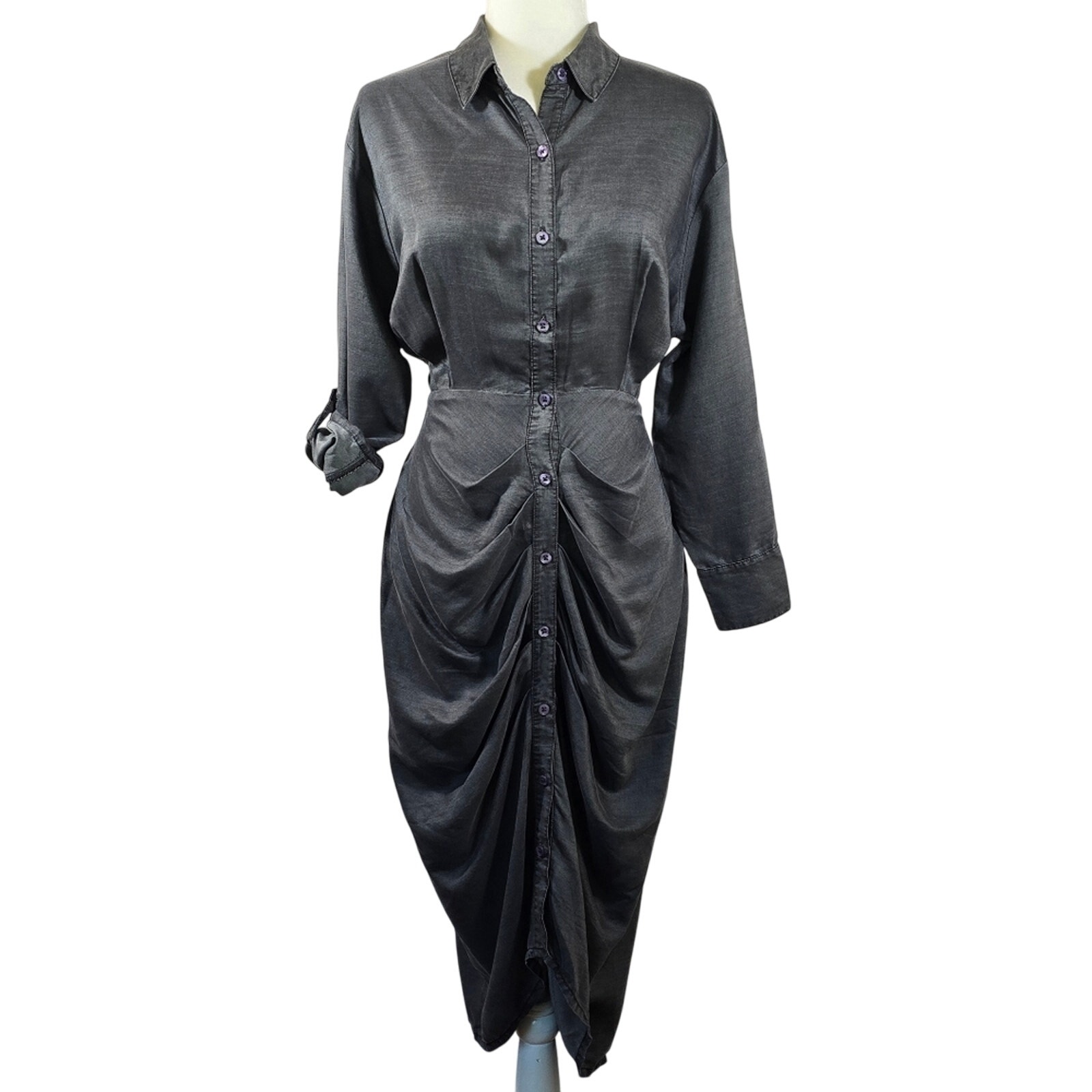 E Venus Gray Button Up Midi Dress NWT Women Sze 4 Gathered Drapey Front Chambray