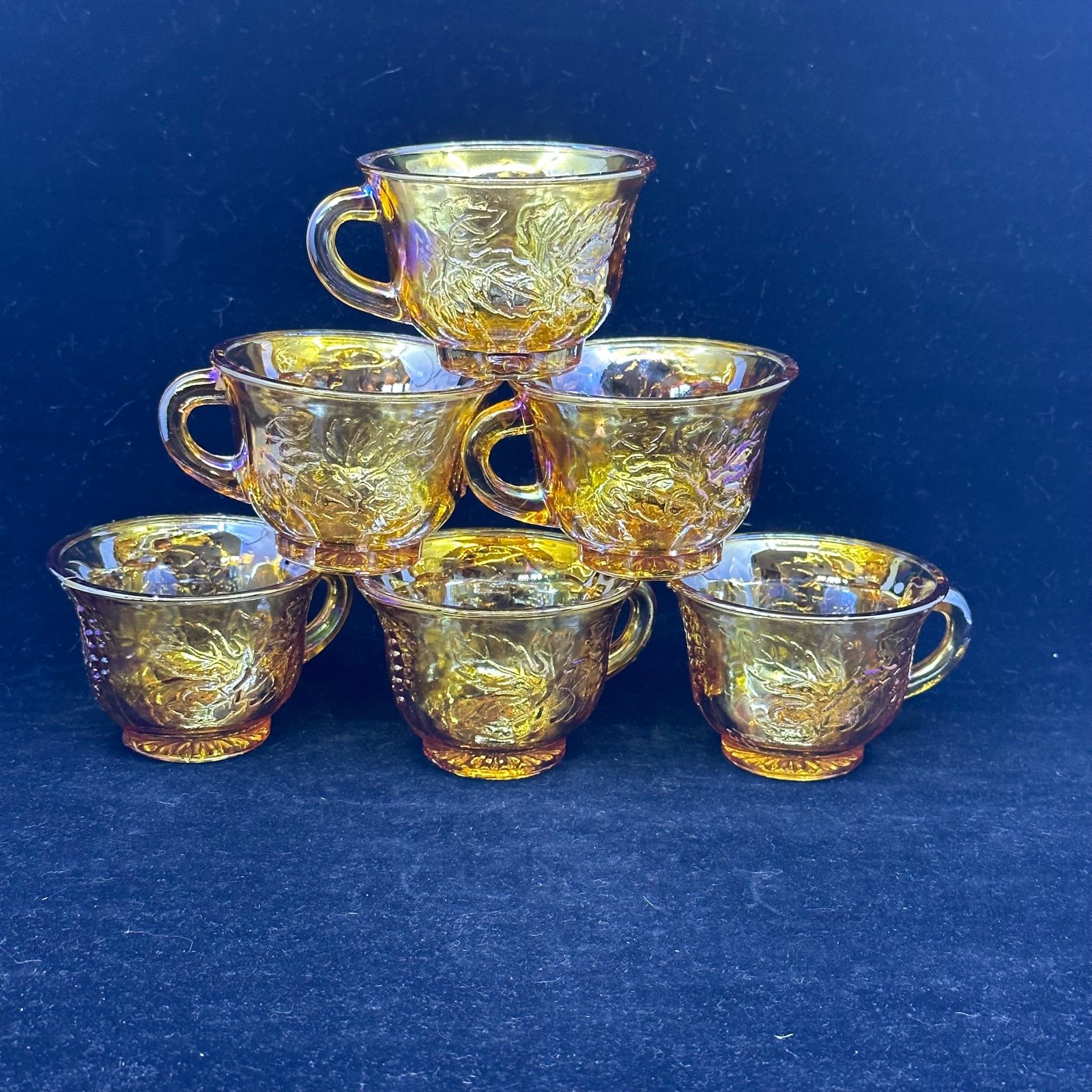 6 Indiana Harvest Grape Punch Cups Iridescent Gold Amber Marigold Carnival