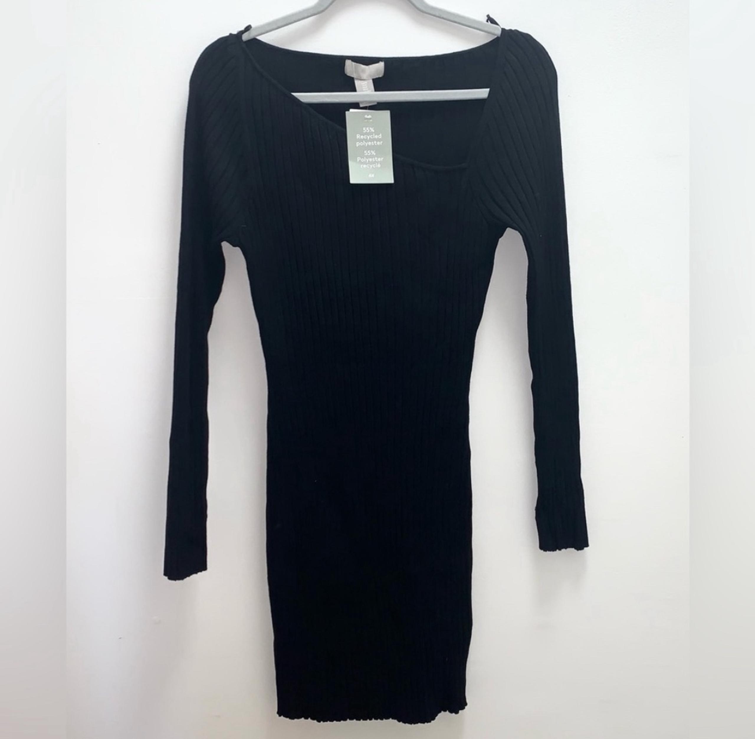 H&M Black Ribbed Knit Long Sleeve Midi Dress Size Large