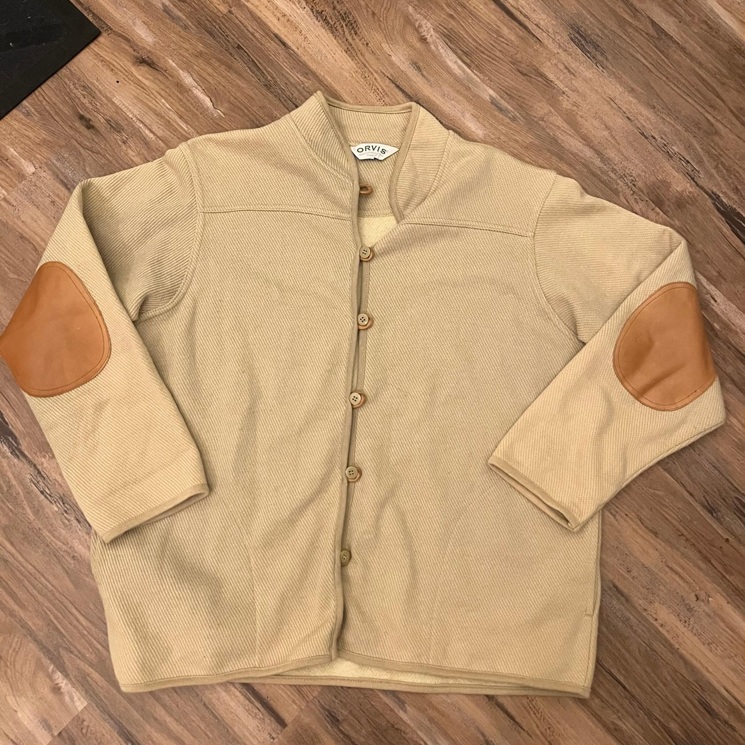 Womens orvis outdoor elbow patch button up cardigan sweater sz L tan brown