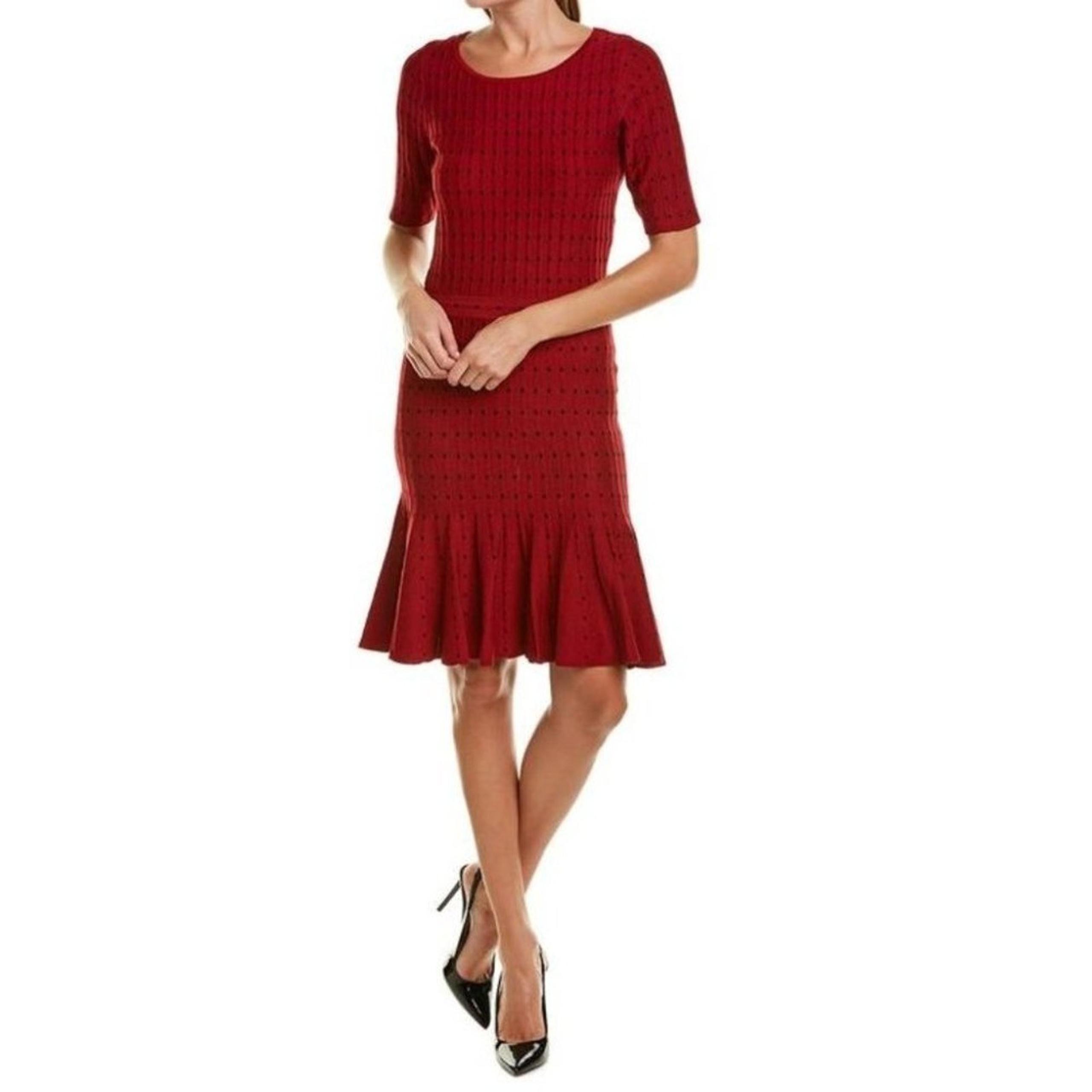 Taylor Short Sleeves Red & Black Dot Knit Sweater Dress Size Medium (M)