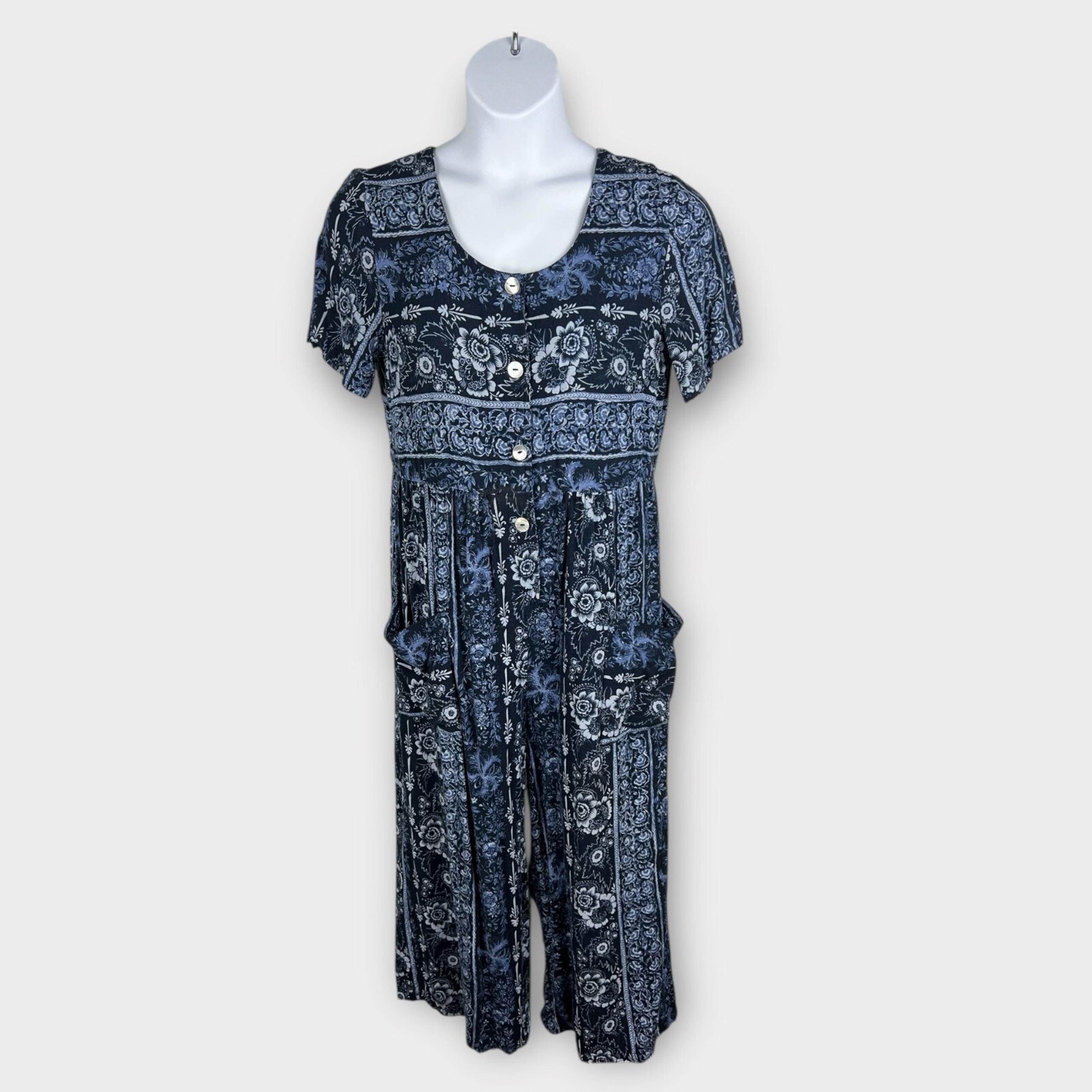 Vintage Molly Malloy Petites Jumpsuit Womens 12 Blue Rayon Floral 90s Retro Crop