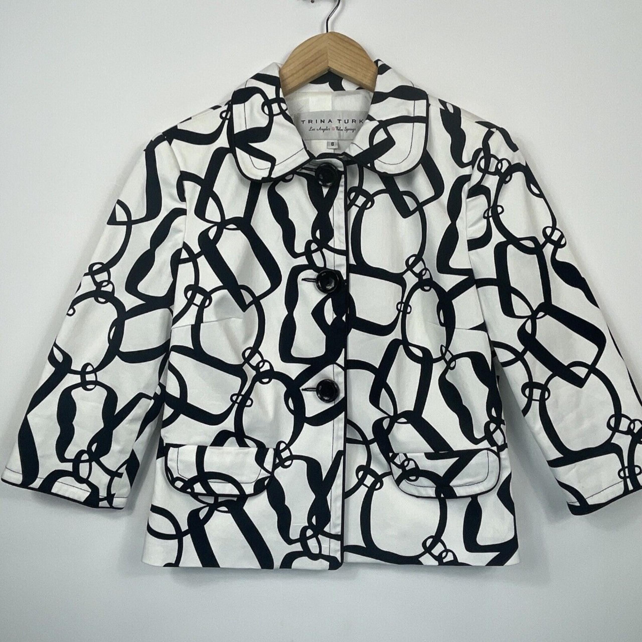 TRINA TURK Black White 3/4 Sleeve Blazer Lightweight Jacket Coat Womens Sz 6
