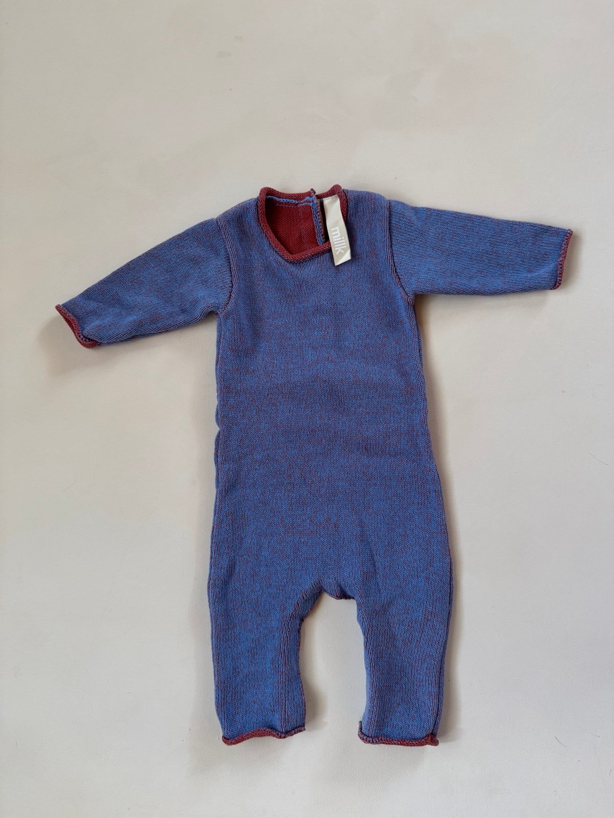 Millk Co Baby Knit Onesie 3–6 Months – Blue Marle / Brick Trim