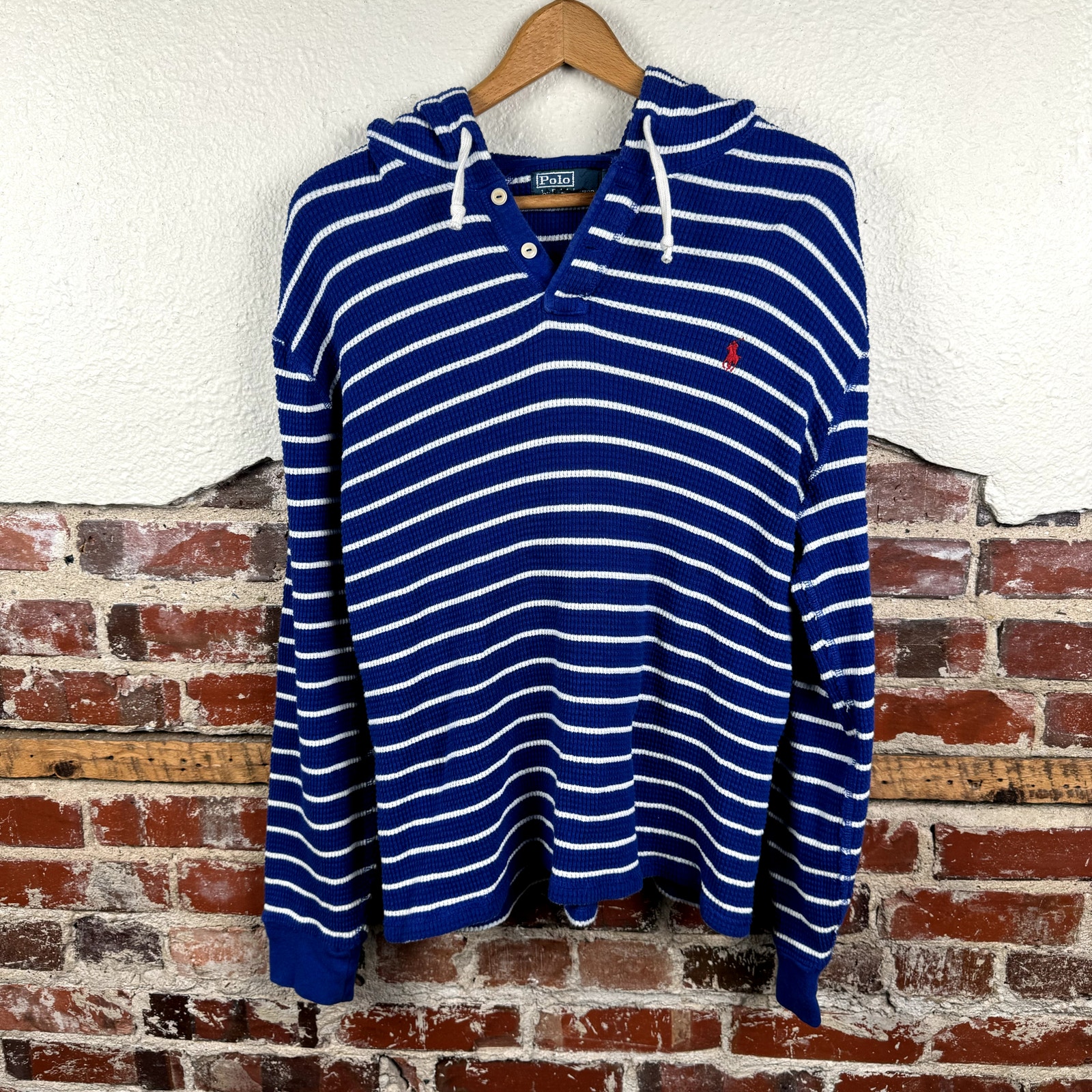 Vintage Polo Ralph Lauren Hoodie Size Large Blue White Stripe Cotton Waffle Knit