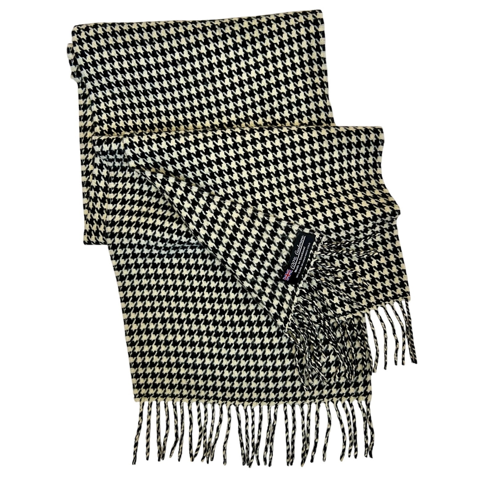 Vintage 100% Cashmere Houndstooth White and Black Made in Scotland Classic Scarf