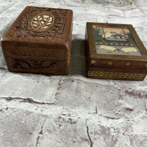 Vintage Indian Sheesham Inlaid Carved Jewelry Trinket Boxes 2 Wood Metal