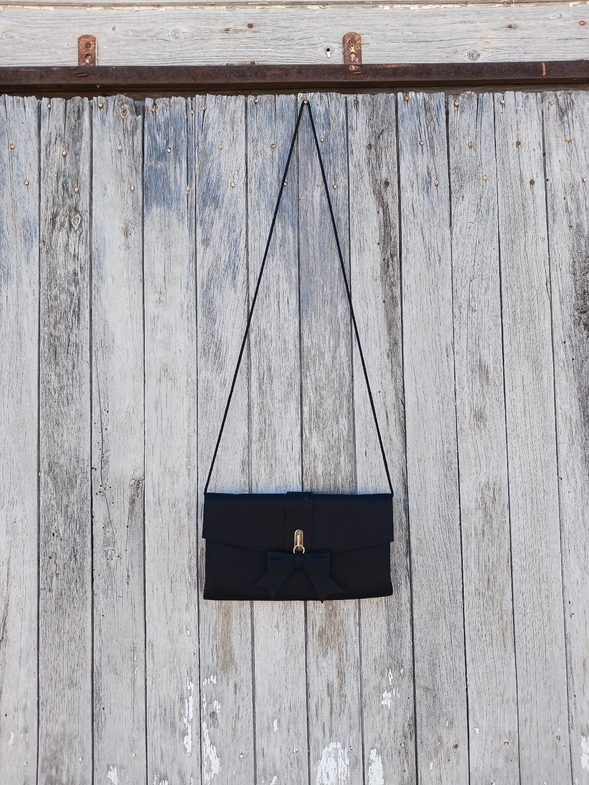 Kate Landry Evening Clutch Black Bow Envelope Snap Close Gold Chain Rope Strap