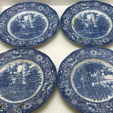 STAFFORDSHIRE LIBERTY BLUE INDEPENDENCE HALL 10 DINNER PLATES / 4 Total