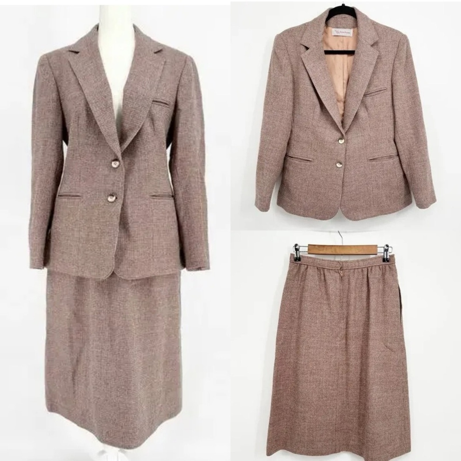 Evan Picone Vintage 100% Pure Wool Tweed Skirt & Blazer Suit Set