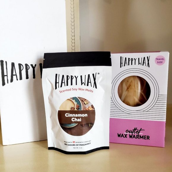 Happy Wax Warmer Outlet Plug In Birchwood w/ Bag Cinnamon Chai Wax Melts Bundle