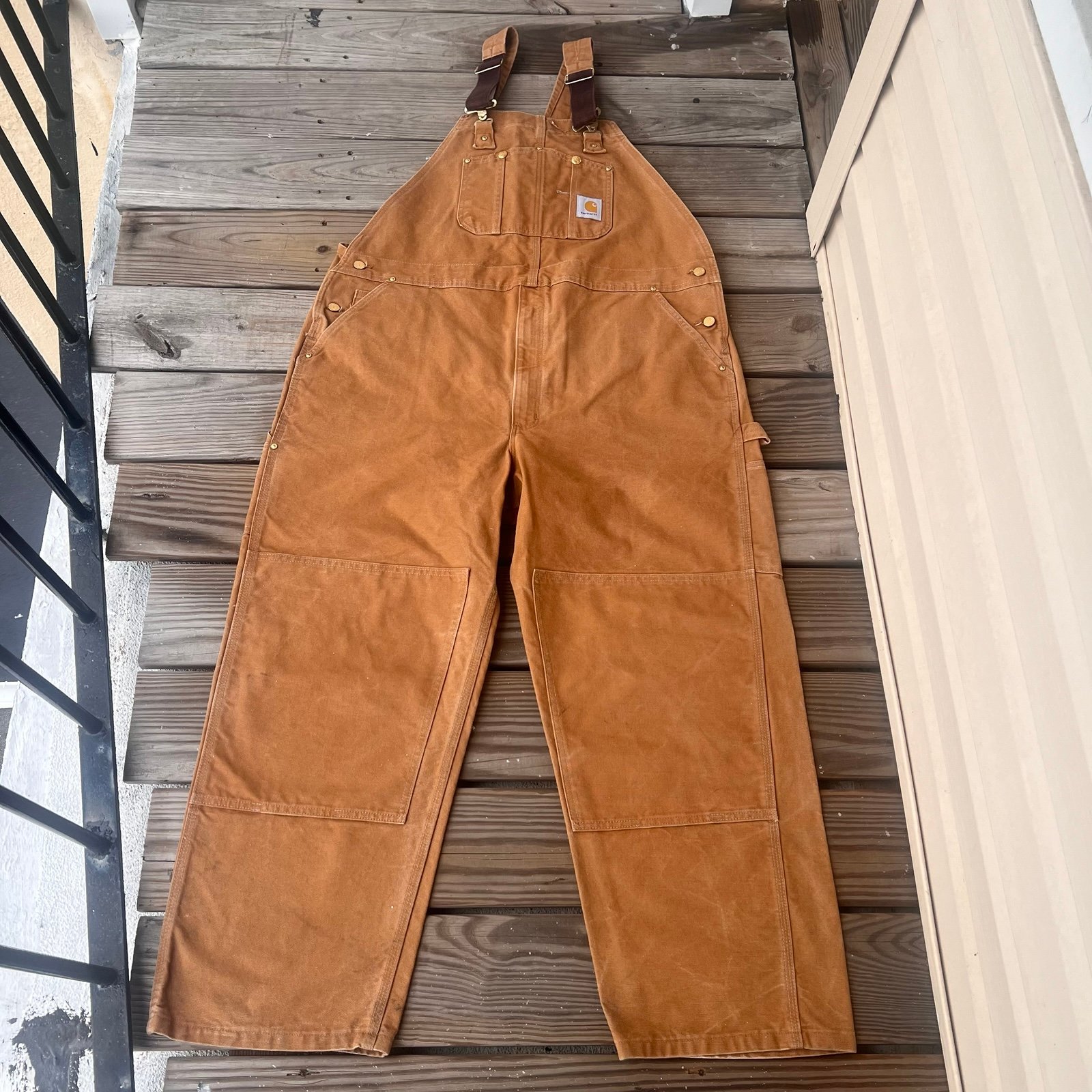 Carhartt Overalls Mens 46x30 Duck Canvas Bib Double Knee R01 BRN USA