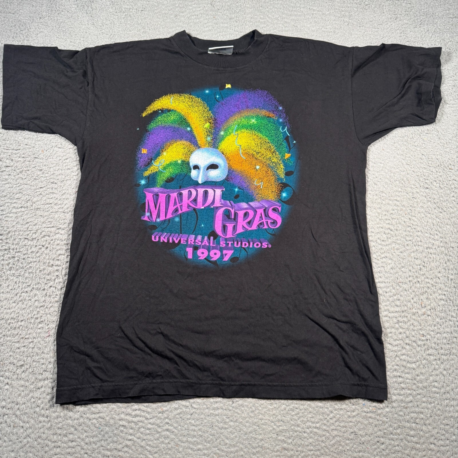 Vintage 1997 Mardi Gras Shirt Men Large Black Single Stitch Universal Studio 90s