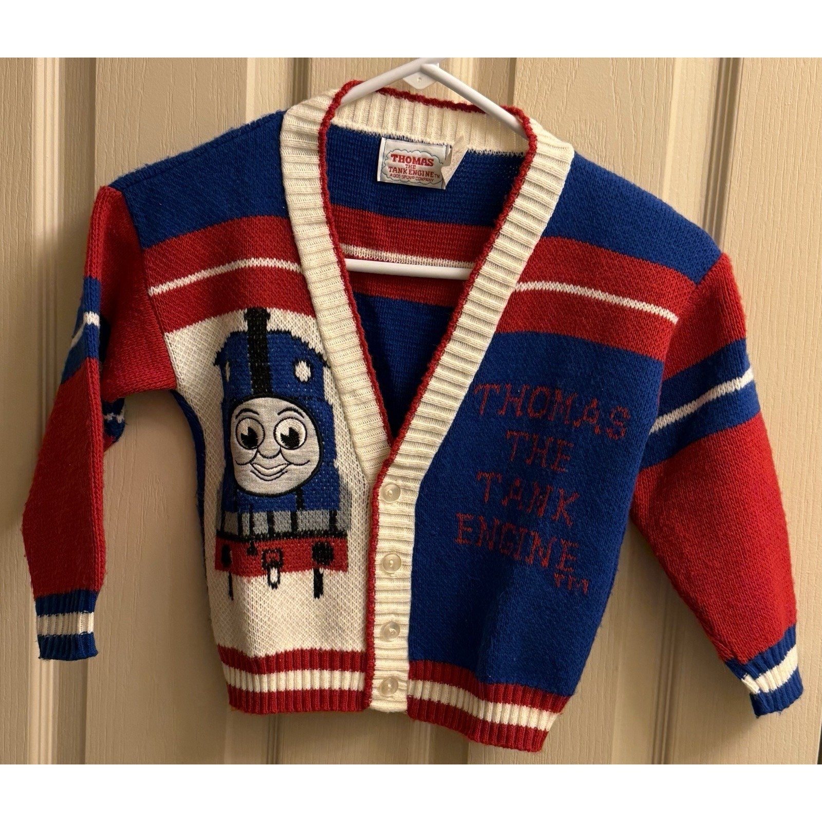 Vtg Thomas the Train Sweater Varsity Stripes V-Neck Cardigan Size 4 Doe Spun EUC