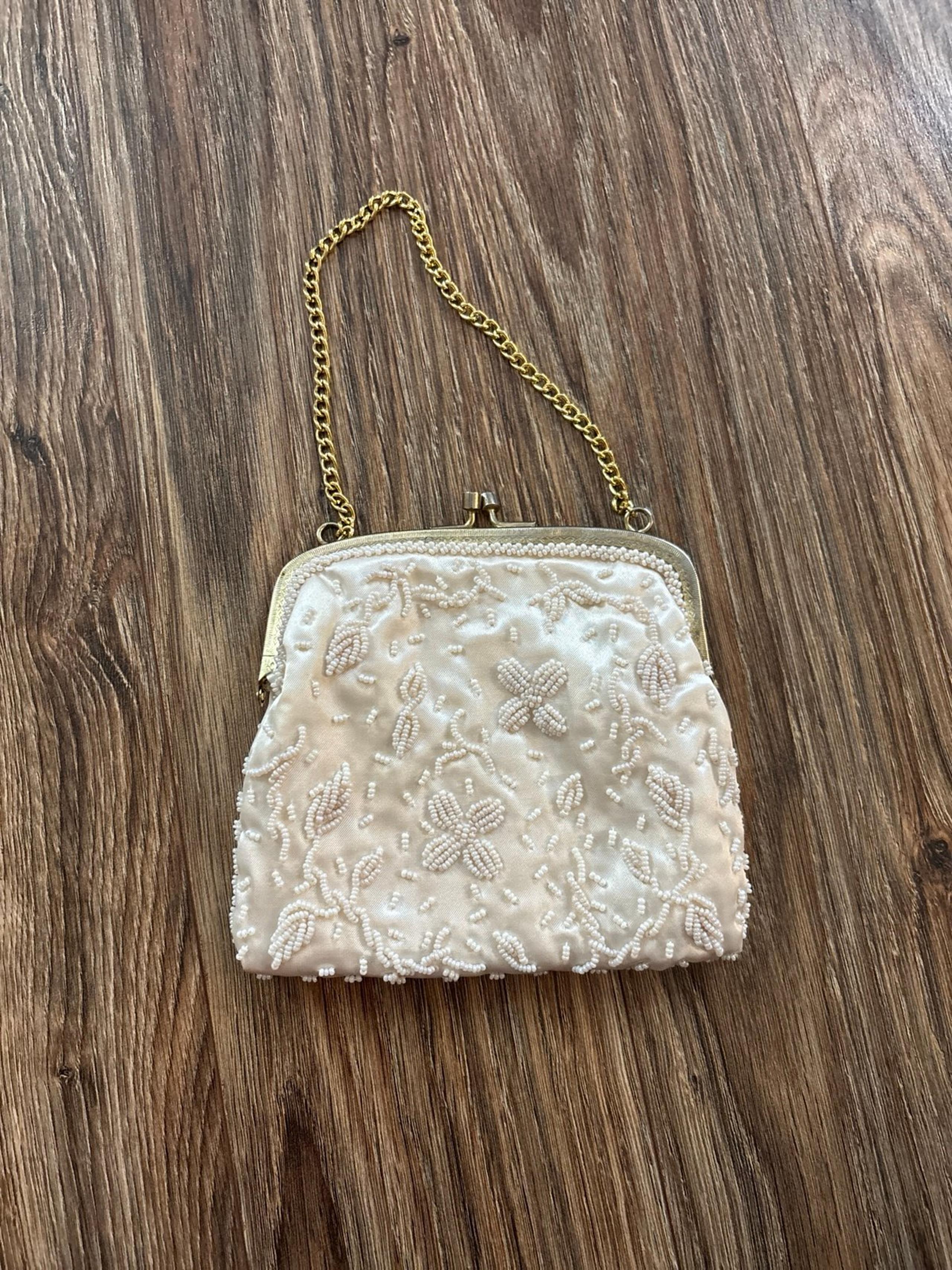 Vintage Walborg Beaded Ivory Purse Gold Metal Chain, Handmade in Hong Kong