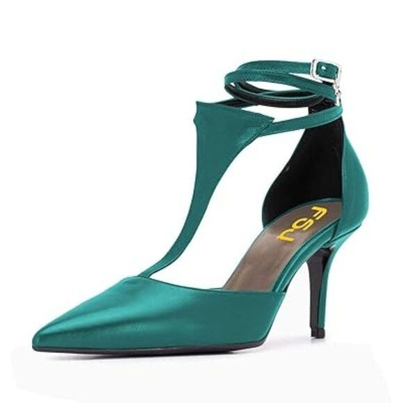 FSJ Women Stylish Pointed Toe D'Orsay Pumps T Strap Stiletto Kitten Mid Heel