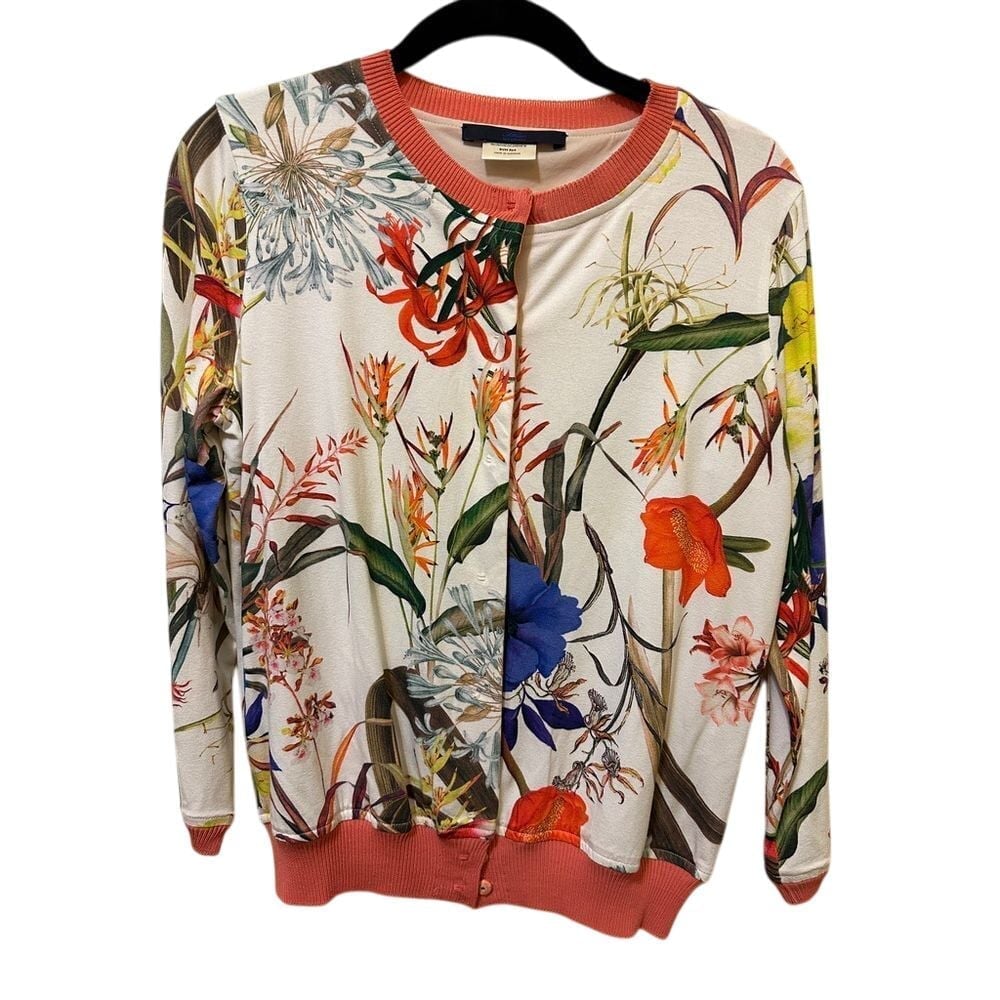 Les Copains Blue floral top with Coral Ribbing Long Sleeve Botanical Pullover