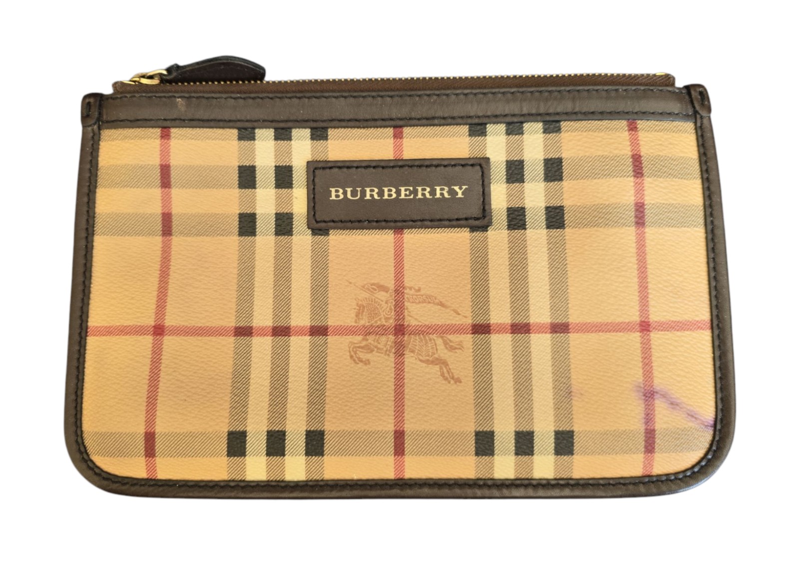 EUC Burberry Canterbury Haymarket coated canvas & leather pouch w/ COA